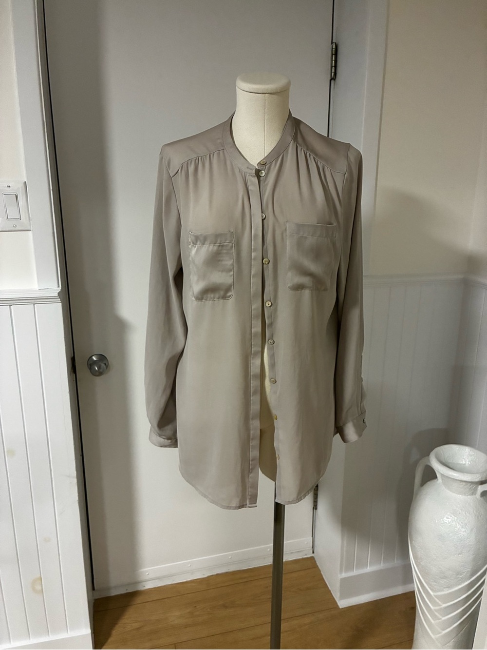 H&M Taupe Button-Front Mandarin-Collar Blouse